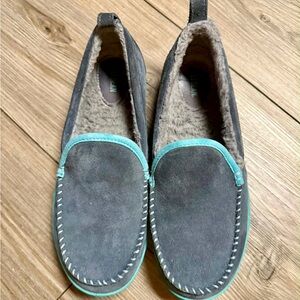 LL. Bean Gray Suede women’s Loafers with Teal Accents